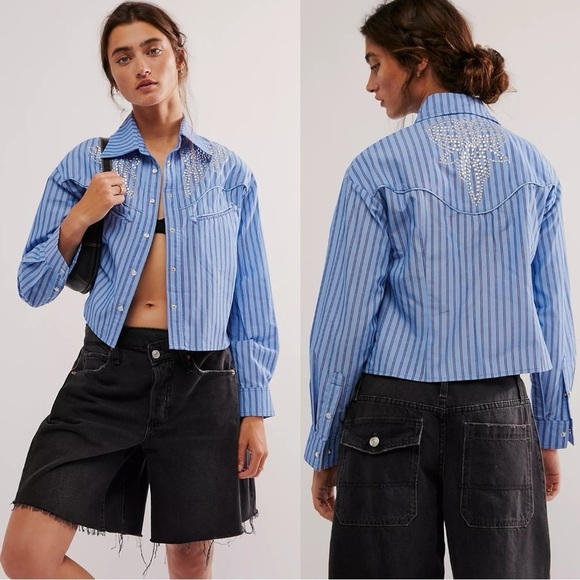 Free People X Understated Rockabilly Western Studded Snap Shirt Blue Striped XL
